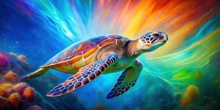 Vibrant sea turtle swimming in abstract background with colorful patterns, turtle, ocean, underwater, marine life, vibrant