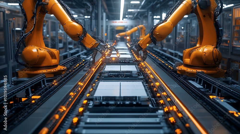 Poster modern ev factory on automated production line robot arms transporting automotive battery modules on