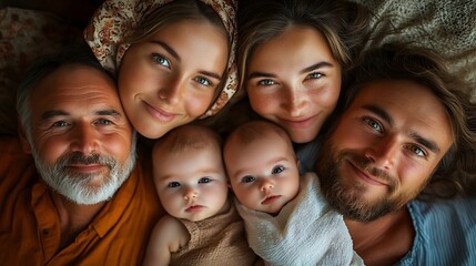 Family of 5 people including parents including 0 year old babies and senior grandparents who lie on the flooring : Generative AI