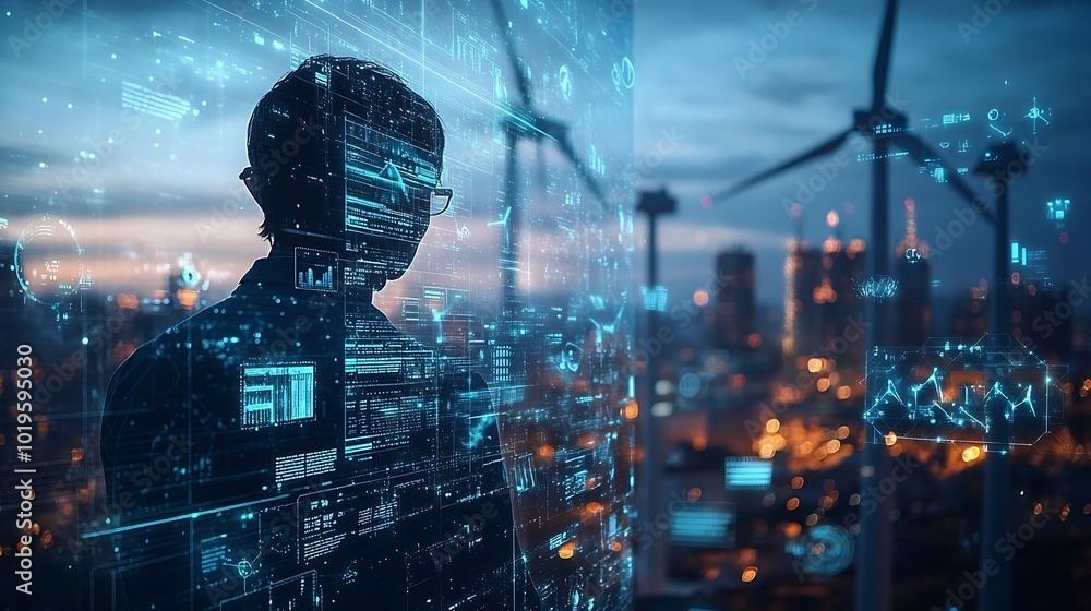 Poster Engineers use AI artificial intelligence to inspect wind turbines and analyze the data of the electricity generated using hologram HUD Clean energy technology and renewable energy : Generative AI