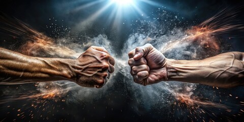 Close up of two fists colliding in a dramatic fight scene over dark background, fight, conflict,...