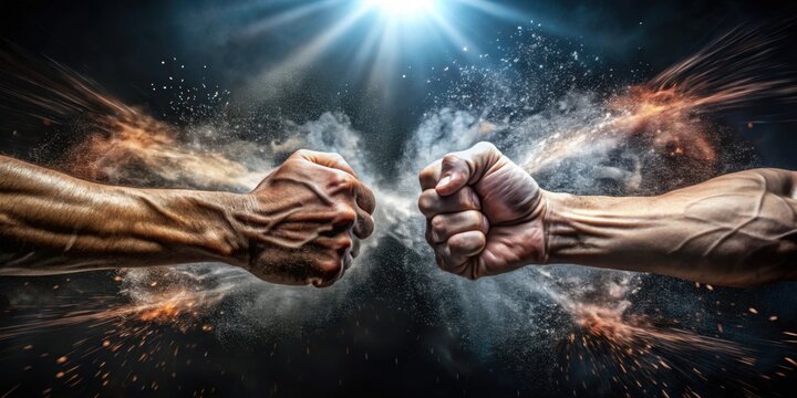 Close up of two fists colliding in a dramatic fight scene over dark background, fight, conflict, struggle, violence