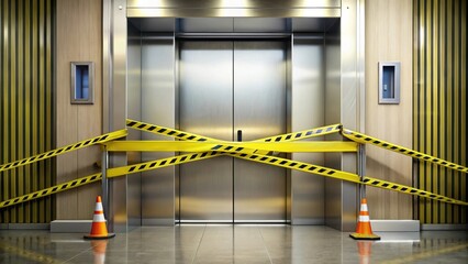 Warning sign in front of broken elevator doors with caution tape, out of order, broken, elevator, door, opened, caution, tape