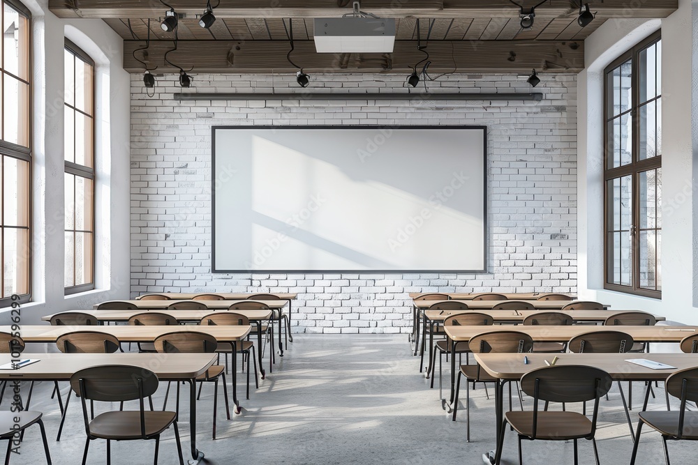 Poster A classroom with a large white board and empty desks