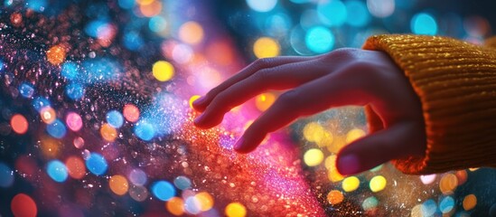 A hand reaches out to touch a shimmering surface with colorful lights in the background.
