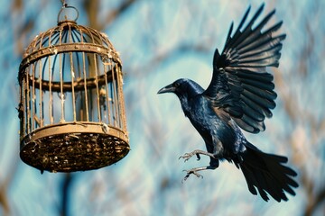 A black crow flies over a cage with a bird feeder