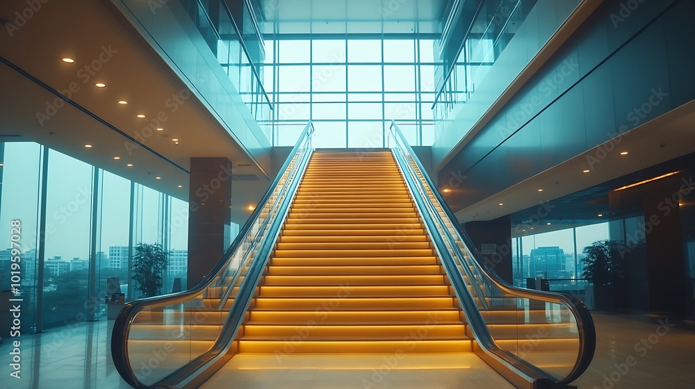 Fototapete a wide staircase along the large windows in an office building modern interior of the lobby of an of