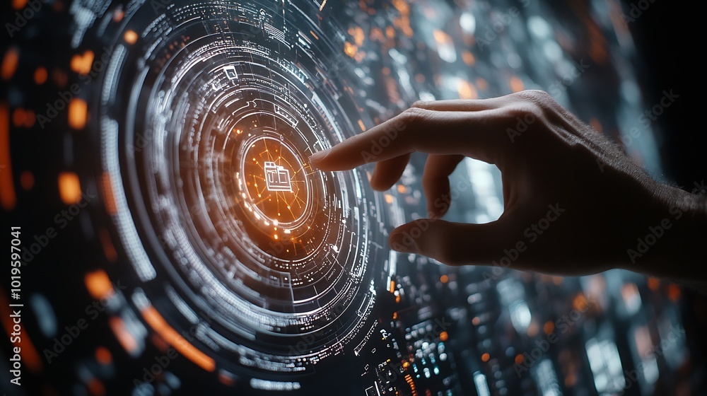 Poster The person showing AI technology that connects information to various systems concepts management digital transformation Internet of Things Big Data and Business Processes Automated Op : Generative AI