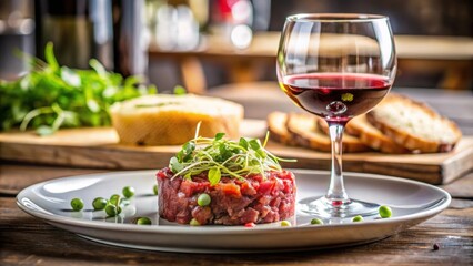 Raw beef tartar with small toasts, microgreens and a glass of red wine on a restaurant table