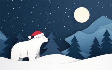 Obraz premium A cheerful polar bear wearing a Santa hat in a snowy landscape under a starry night with a bright full moon.