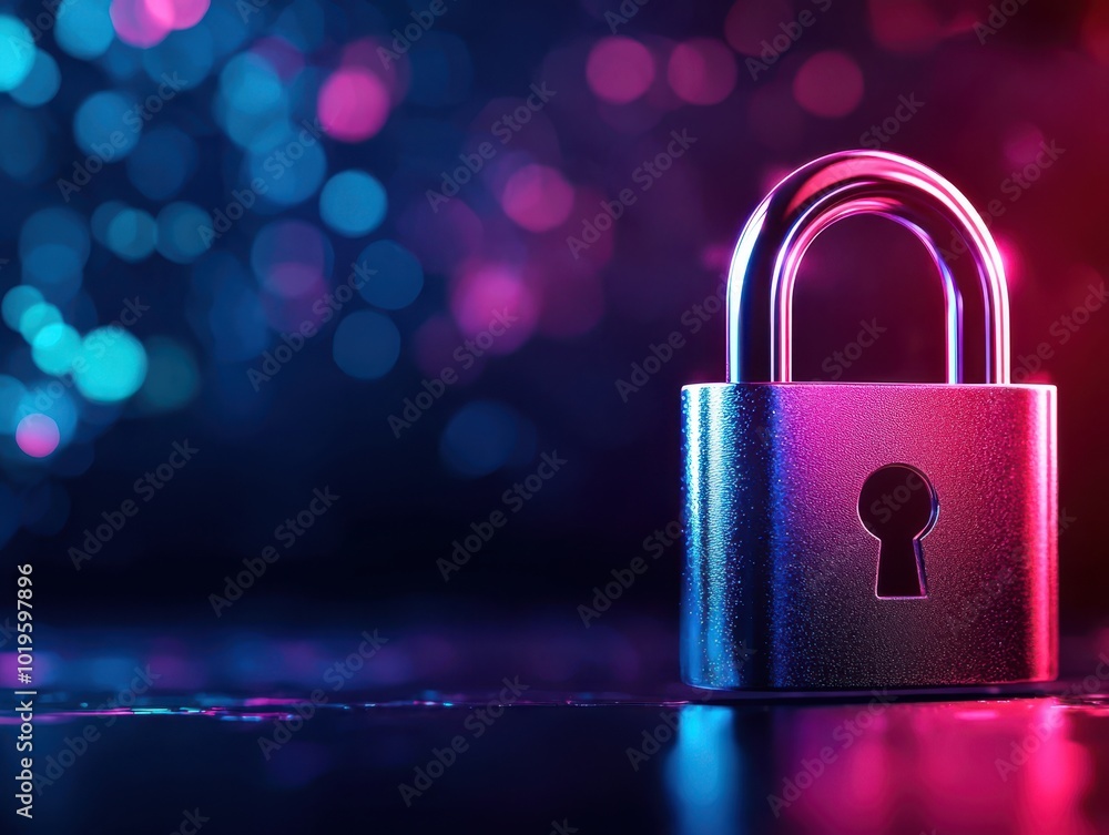 Poster a close-up of a metallic padlock with colorful bokeh lights in the background, representing security