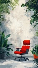 Red Office Chair Amidst Lush Green Foliage - Modern Workspace Inspiration