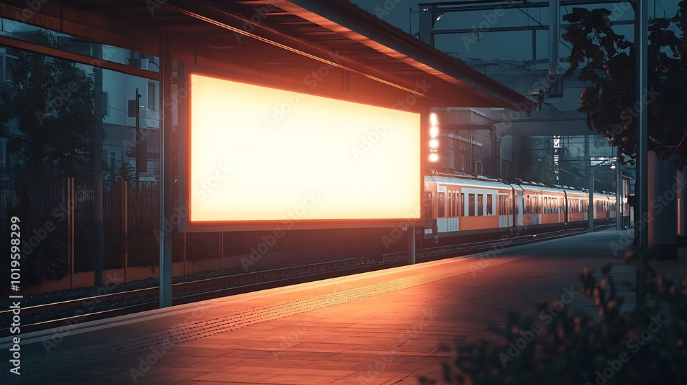 Aufkleber billboard on the passenger platform of a railway station at nightmockup : generative ai