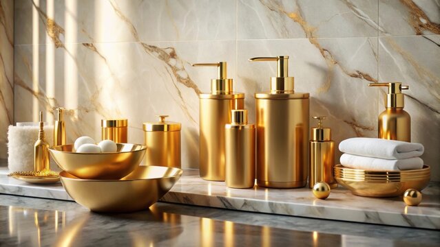 Luxurious golden bath products on marble countertop, luxury, upscale, pampering, elegant, indulgence, beauty, skincare