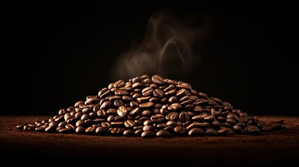 A mound of roasted coffee beans emitting steam, highlighting freshness and aroma.