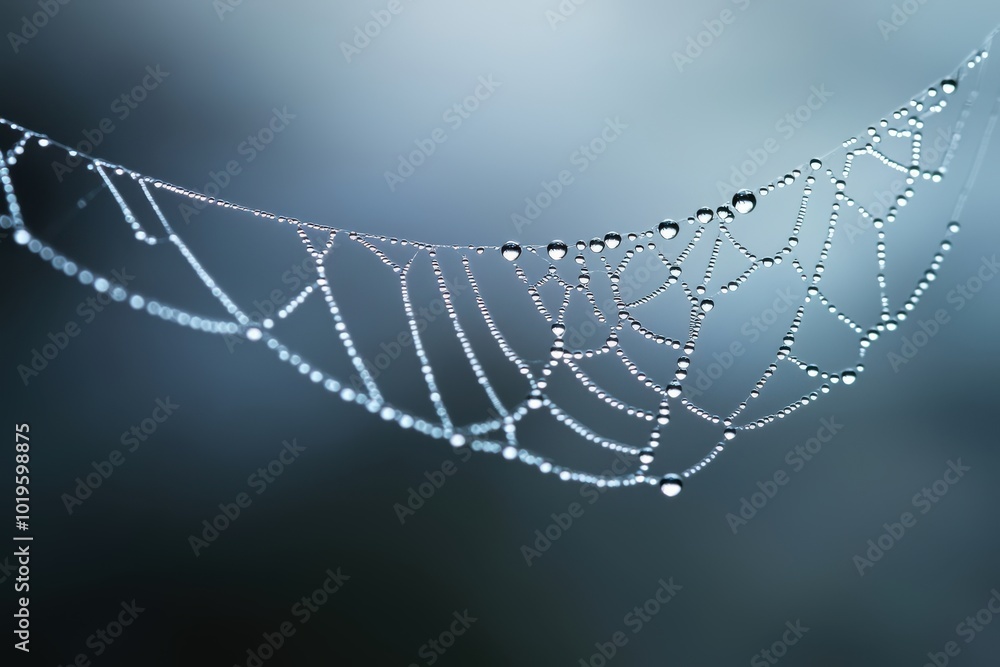 Poster a delicate spider web adorned with dewdrops, showcasing intricate patterns against a soft, blurred b