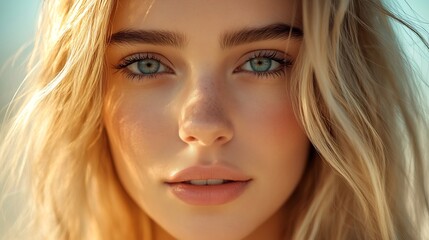 Naklejka premium Portrait of a young blonde woman with natural makeup and natural styling Advertising of natural cosmetics Beauty salon advertisement Care cosmetics face and body skin care : Generative AI