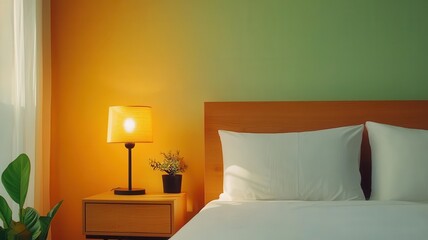 Cozy bedroom setting featuring a comfortable bed, soft pillows, a bedside lamp, and a potted plant, creating a warm and inviting atmosphere.