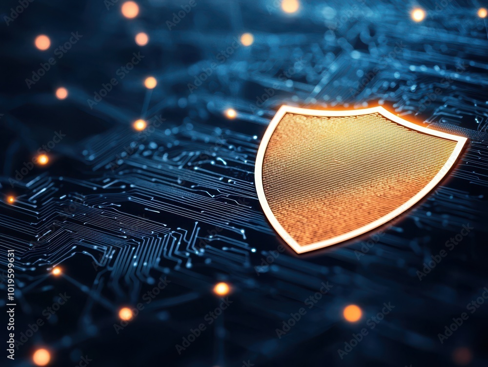 Poster a digital shield symbol representing cybersecurity on a circuit board background.