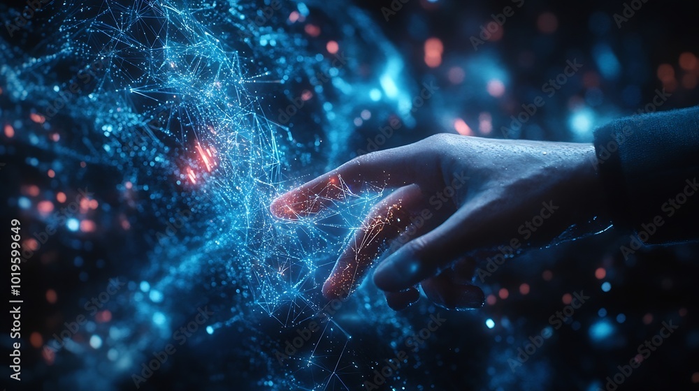 Poster Digital cyber era technology concept Human hand touching interconnected polygons of massive amounts of data glowing on a dark blue background New innovations that are coming to change  : Generative AI
