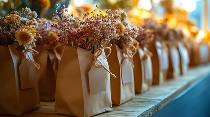 Wedding favors packaging in craft bags with custom label and dry flowers decoration ecological party diy handmade souvenirs in natural color : Generative AI