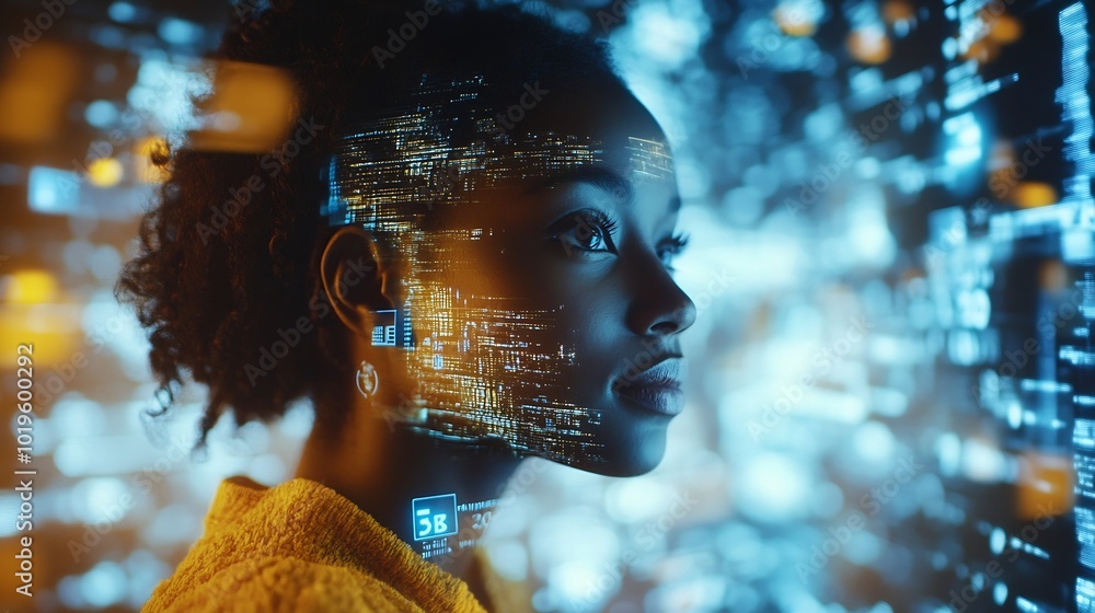 Poster Black woman with tablet erp data hologram and innovation research and programming in future information technology Futuristic network analytics and developer for startup business websi : Generative AI