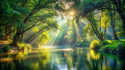 Obraz premium A serene river with sunlight streaming through trees, symbolizing a place of spiritual cleansing, spiritual, cleansing, river