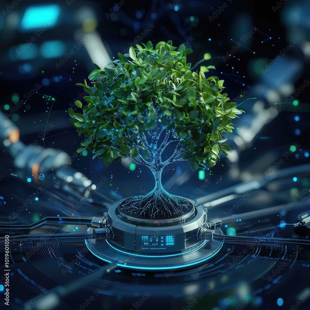 Poster a captivating digital illustration of a tree with a futuristic root system, symbolizing the connecti