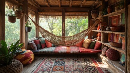 Cozy living room with a hammock, colorful pillows, and a wooden floor. - Powered by Adobe