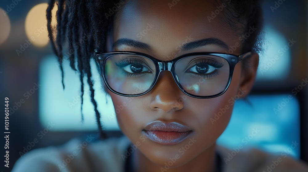 Poster Black woman working in office and communication network concept ICT Information Communication Technology Cloud computing System engineering : Generative AI