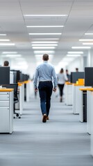 Obraz premium A man walking through a modern office space with workstations and bright lighting.