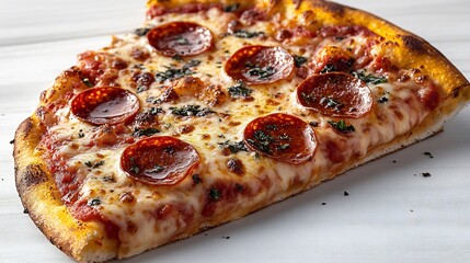 Freshly made slice of pepperoni pizza with melted cheese isolated on a white background perfect for fast food imagery