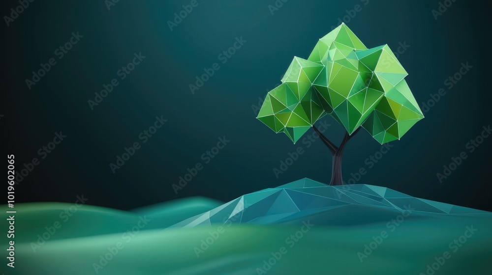 Poster a vibrant low poly tree stands proudly on a soft abstract background. this modern digital illustrati