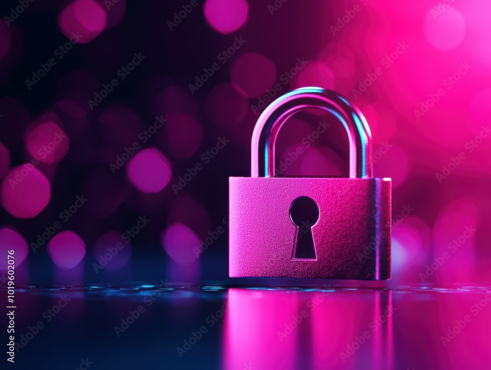 Poster a metallic padlock with a keyhole on a reflective surface, illuminated by soft purple and pink bokeh