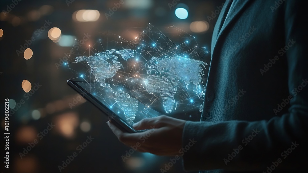 Aufkleber Internet technology global business concept Businessman using digital tablet with global network connection on social networking and customer data analytics Business strategy and digit : Generative AI