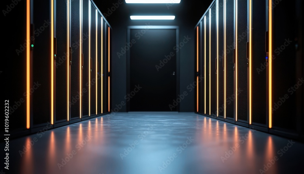 Poster a modern data center corridor featuring illuminated server racks and a sleek floor with dramatic lig