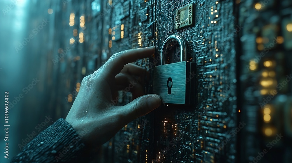 Aufkleber Cyber security Hand hold digital padlock Login verified identity credentials on network of data protection technologyOnline internet authorized access against cyber attack and business : Generative AI