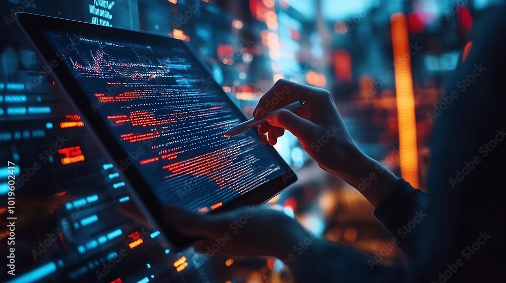 Fototapete Software engineer using digital tablet with cyber security network computer code on virtual screen interface Data science machine learning of artificial intelligence digital software d : Generative AI