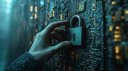 Cyber security Hand hold digital padlock Login verified identity credentials on network of data protection technologyOnline internet authorized access against cyber attack and business : Generative AI