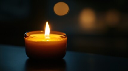 A glowing candle illuminates a serene atmosphere, creating a calming ambiance.