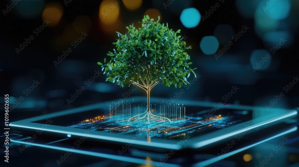 Poster a stunning visual of a digital tree emerging from a tablet, symbolizing the connection between natur