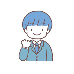 片手でガッツポーズをするスーツの男性