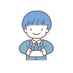 両手で名刺を持って営業するスーツの男性