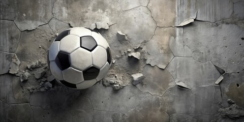 Soccer ball breaking through concrete wall, soccer, ball, impact, break, force, damaged, destruction, power, sport