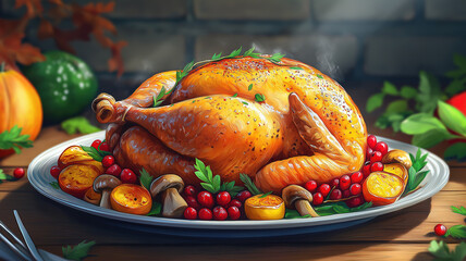 Festive Thanksgiving Dinner: Roasted Chicken with Autumnal Vegetables and Berries