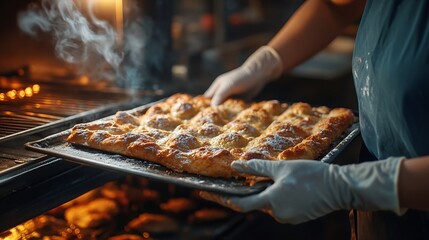 A female baker wearing gloves takes out a baking sheet with freshly baked hot bread from the oven : Generative AI