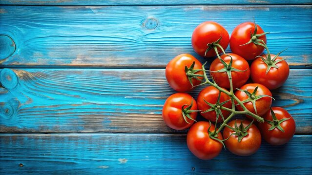 Vesuvian Tomato cluster on blue wood background , Piennolo, Vesuvius, Naples, Italy, tomato, yellow, red, cluster, fresh