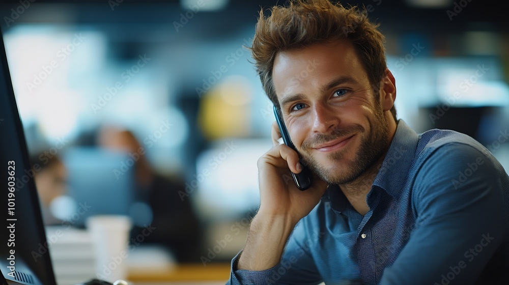 Aufkleber business professional having a phone call business man analyzing data using computer while talking o