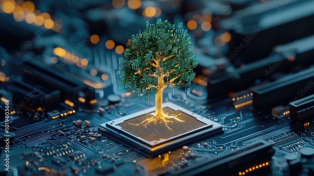 Poster a captivating fusion of nature and technology, depicting a digital tree emerging from a circuit boar