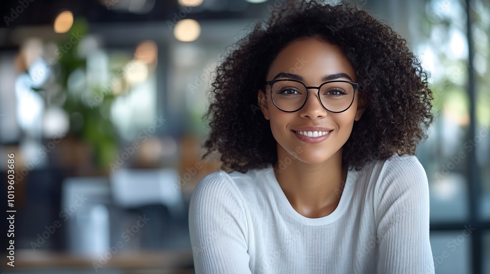 Poster staying positive at office attractive lady in light clothes smiling at camera while sitting by board